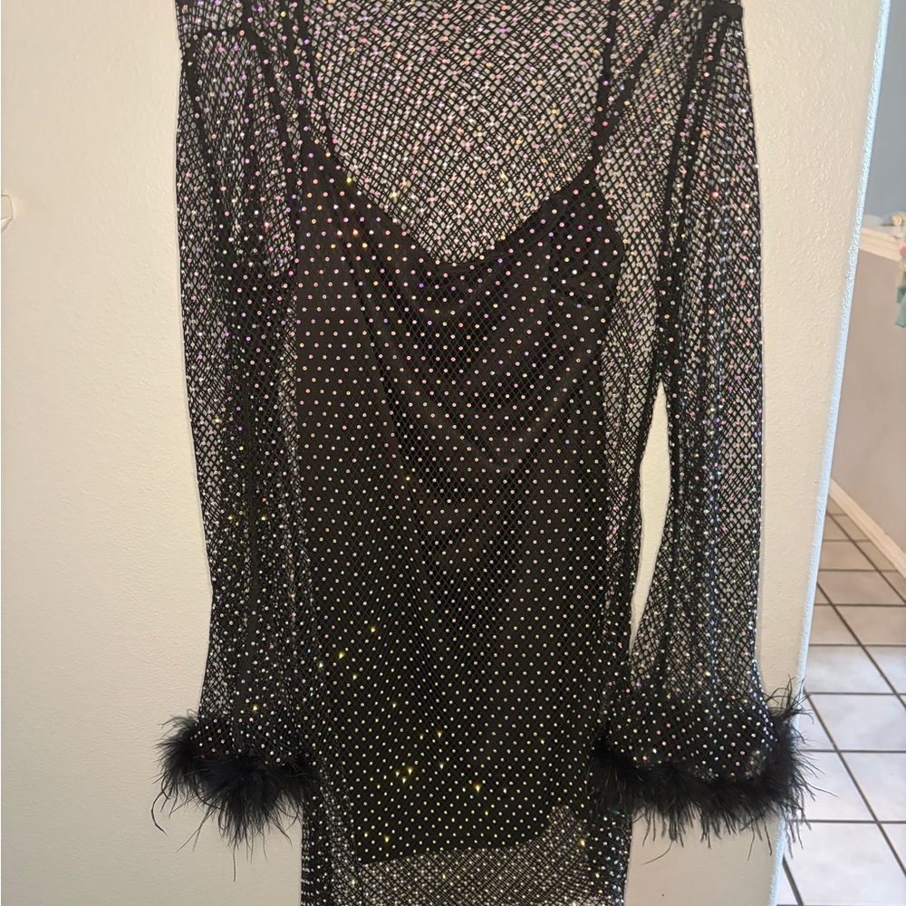 Vici mesh bedazzled dress with fur bottom and cuffs includes slip under